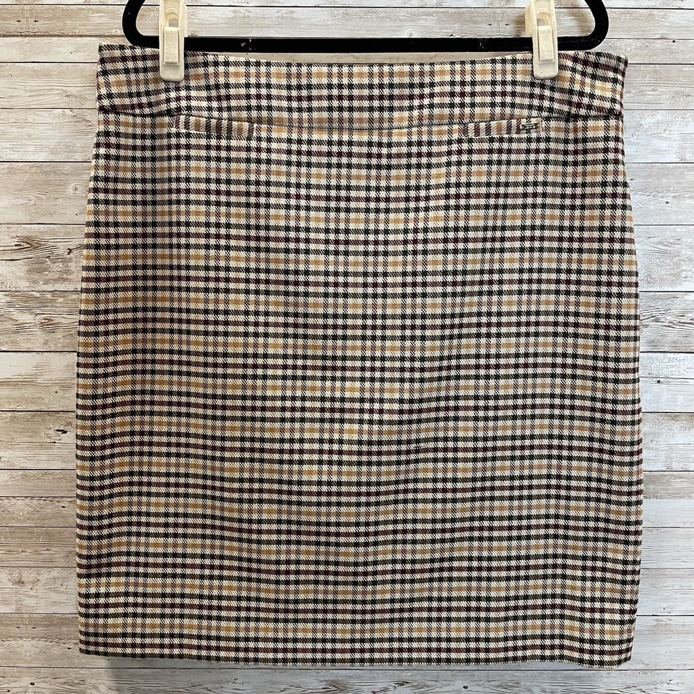 Tahari Arthur S Levine Womens 16‎ Skirt Beige Green Red Plaid Pencil Length Zip
